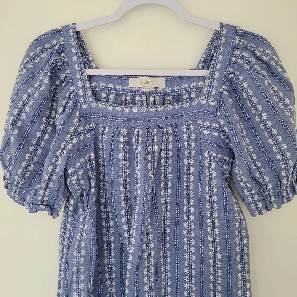 Loft Floral Stitch Square Neck Puff Sleeve Feminine Boho‎ Blouse XS
